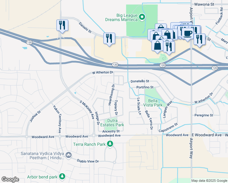 map of restaurants, bars, coffee shops, grocery stores, and more near 1518 Hearthsong Drive in Manteca