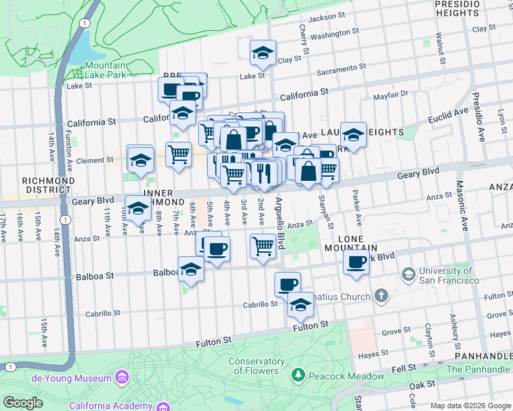map of restaurants, bars, coffee shops, grocery stores, and more near 435 2nd Avenue in San Francisco