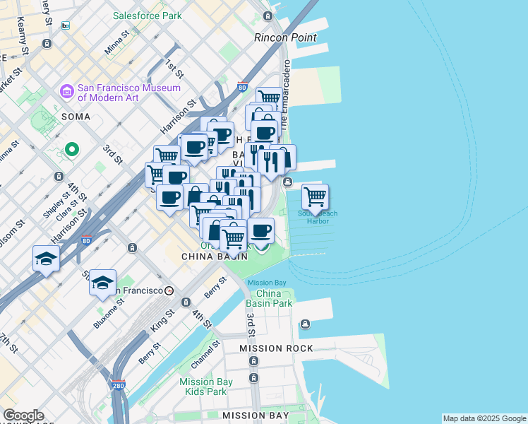 map of restaurants, bars, coffee shops, grocery stores, and more near 44 King Street in San Francisco