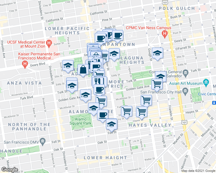 map of restaurants, bars, coffee shops, grocery stores, and more near 1301 Turk Street in San Francisco