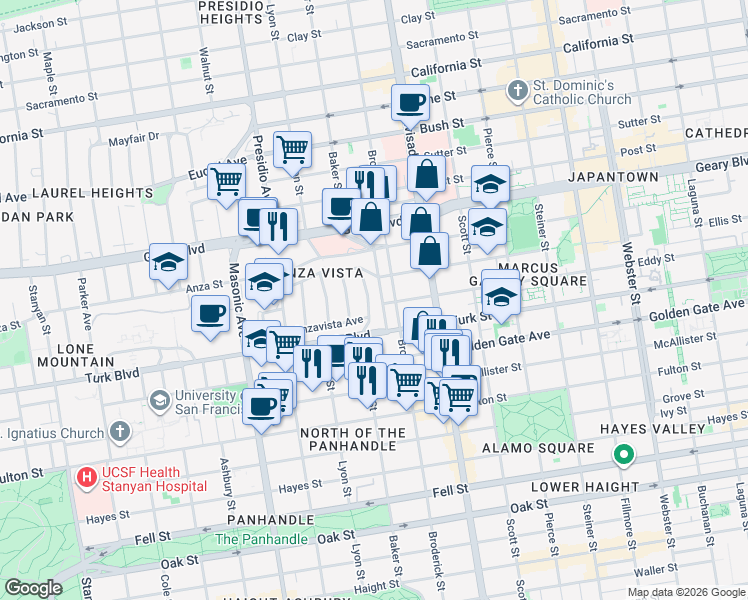 map of restaurants, bars, coffee shops, grocery stores, and more near 995 Baker Street in San Francisco