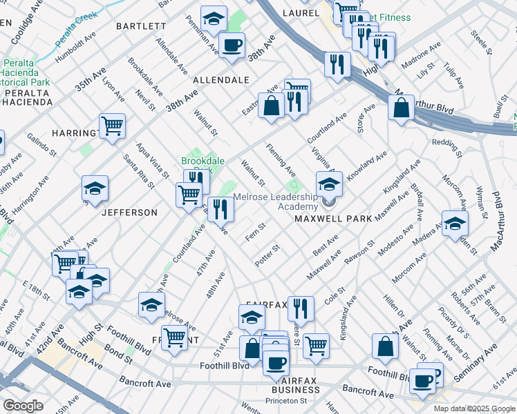 map of restaurants, bars, coffee shops, grocery stores, and more near 4533 Brookdale Avenue in Oakland
