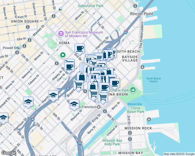 map of restaurants, bars, coffee shops, grocery stores, and more near 550 3rd Street in San Francisco