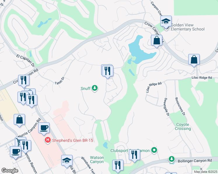 map of restaurants, bars, coffee shops, grocery stores, and more near 3030 Lakemont Drive in San Ramon
