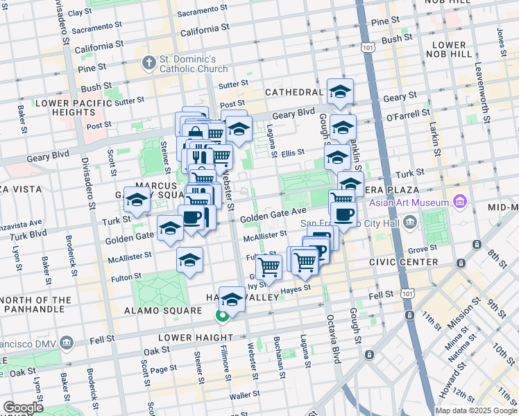 map of restaurants, bars, coffee shops, grocery stores, and more near 1148 Buchanan Street in San Francisco
