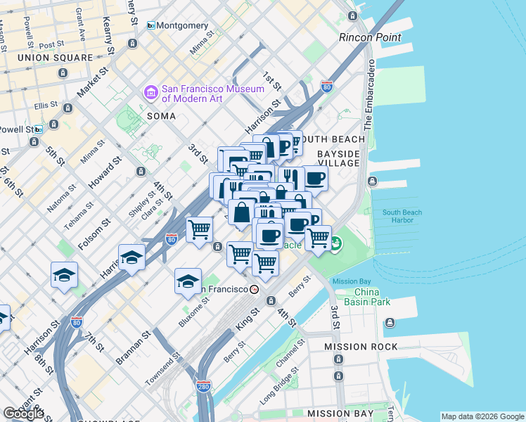 map of restaurants, bars, coffee shops, grocery stores, and more near 599 3rd Street in San Francisco