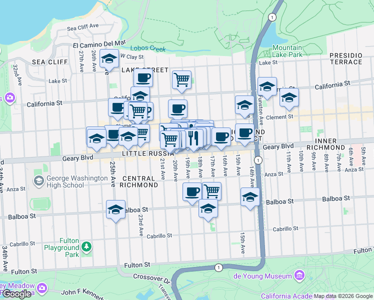 map of restaurants, bars, coffee shops, grocery stores, and more near 19th Ave & Geary Blvd in San Francisco