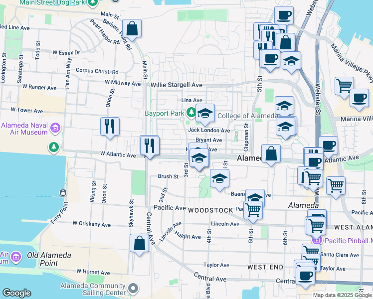 map of restaurants, bars, coffee shops, grocery stores, and more near Hollister Avenue & Mosley Avenue in Alameda