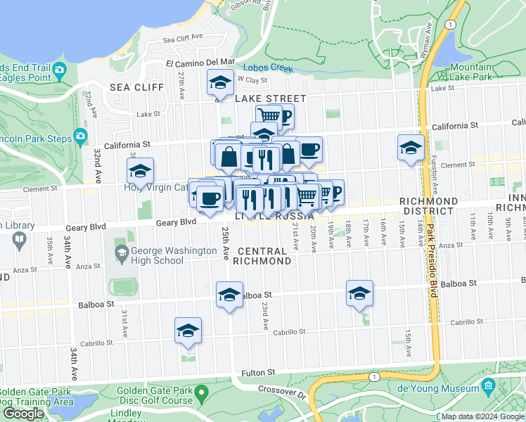 map of restaurants, bars, coffee shops, grocery stores, and more near 5850 Geary Boulevard in San Francisco