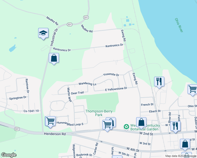 map of restaurants, bars, coffee shops, grocery stores, and more near 3018 Yosemite Drive in Owensboro