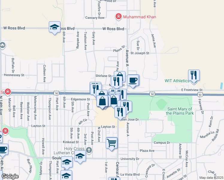 map of restaurants, bars, coffee shops, grocery stores, and more near 2707 Maralane Avenue in Dodge City