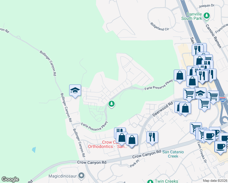 map of restaurants, bars, coffee shops, grocery stores, and more near 2002 Davoli Court in San Ramon