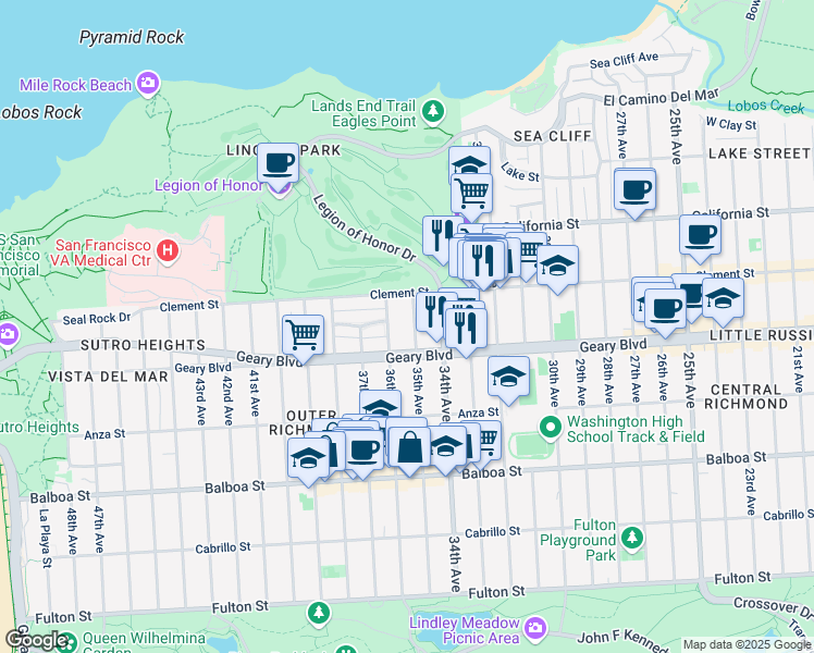 map of restaurants, bars, coffee shops, grocery stores, and more near 455 35th Avenue in San Francisco
