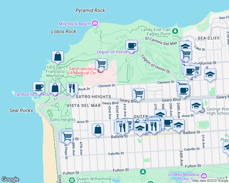 map of restaurants, bars, coffee shops, grocery stores, and more near 431 42nd Avenue in San Francisco