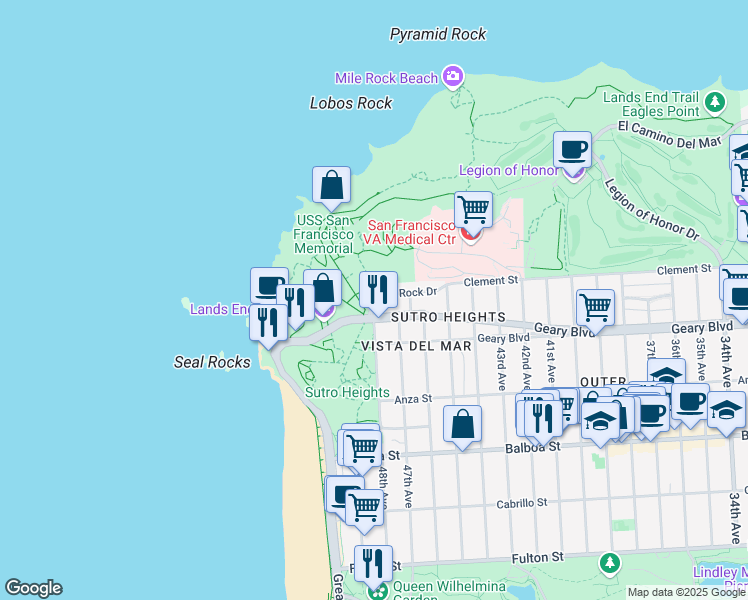 map of restaurants, bars, coffee shops, grocery stores, and more near 185 Seal Rock Drive in San Francisco