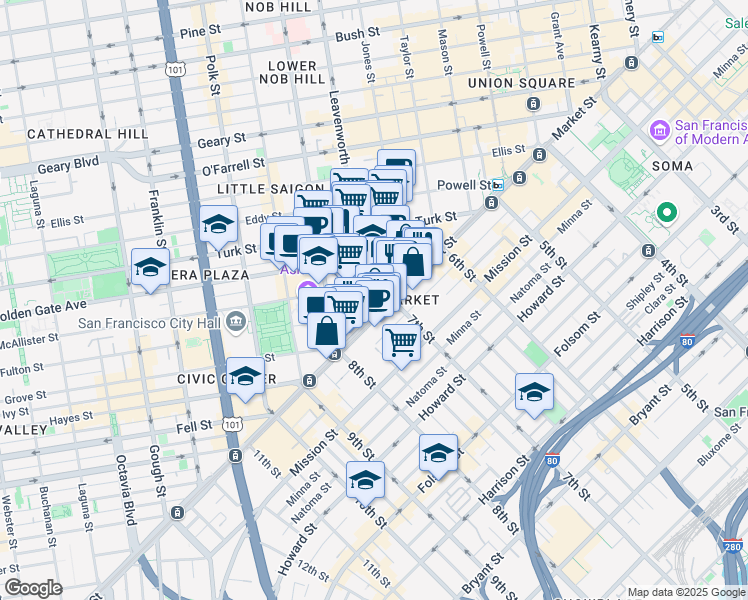 map of restaurants, bars, coffee shops, grocery stores, and more near in San Francisco
