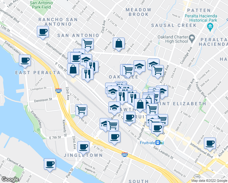 map of restaurants, bars, coffee shops, grocery stores, and more near 1404 Mitchell Street in Oakland