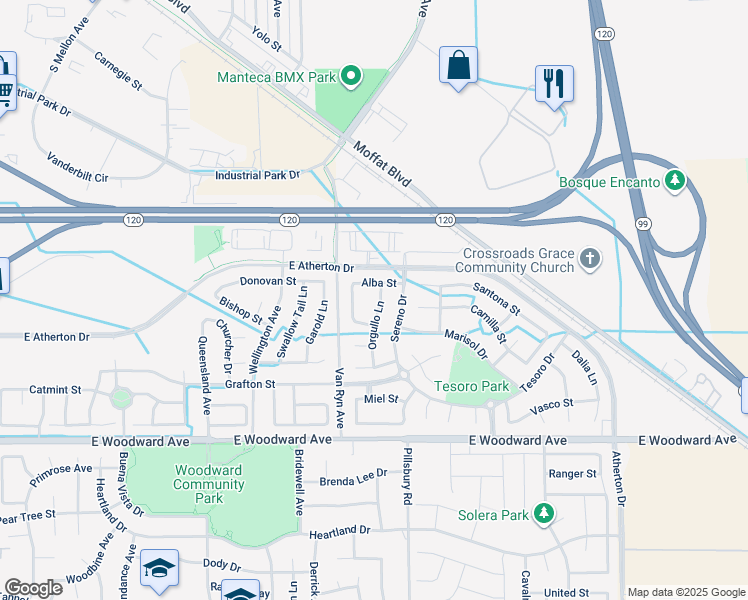 map of restaurants, bars, coffee shops, grocery stores, and more near 1455 Orgullo Lane in Manteca