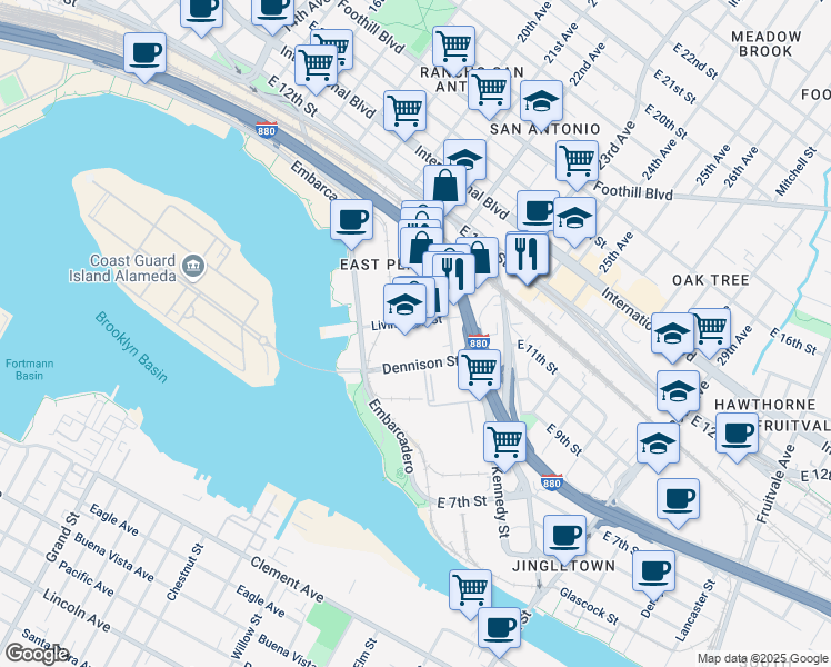 map of restaurants, bars, coffee shops, grocery stores, and more near 2101 Livingston Street in Oakland