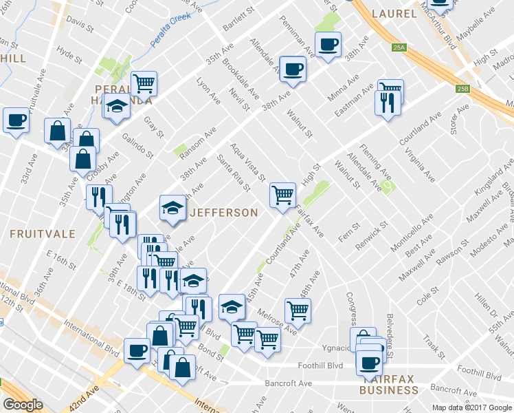 map of restaurants, bars, coffee shops, grocery stores, and more near 2258 41st Avenue in Oakland