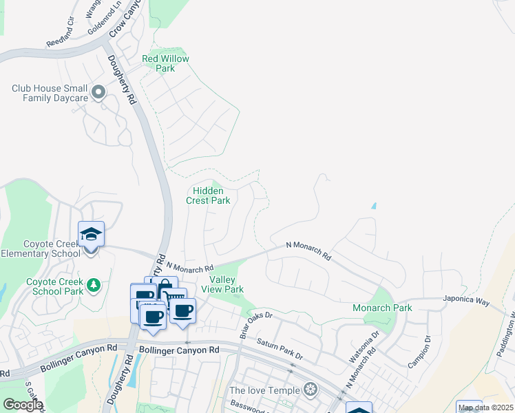 map of restaurants, bars, coffee shops, grocery stores, and more near 1942 Hollyview Drive in San Ramon