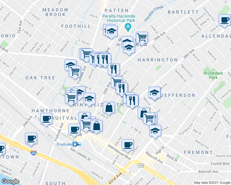 map of restaurants, bars, coffee shops, grocery stores, and more near 3615 Foothill Boulevard in Oakland
