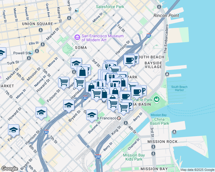map of restaurants, bars, coffee shops, grocery stores, and more near 546 Bryant Street in San Francisco