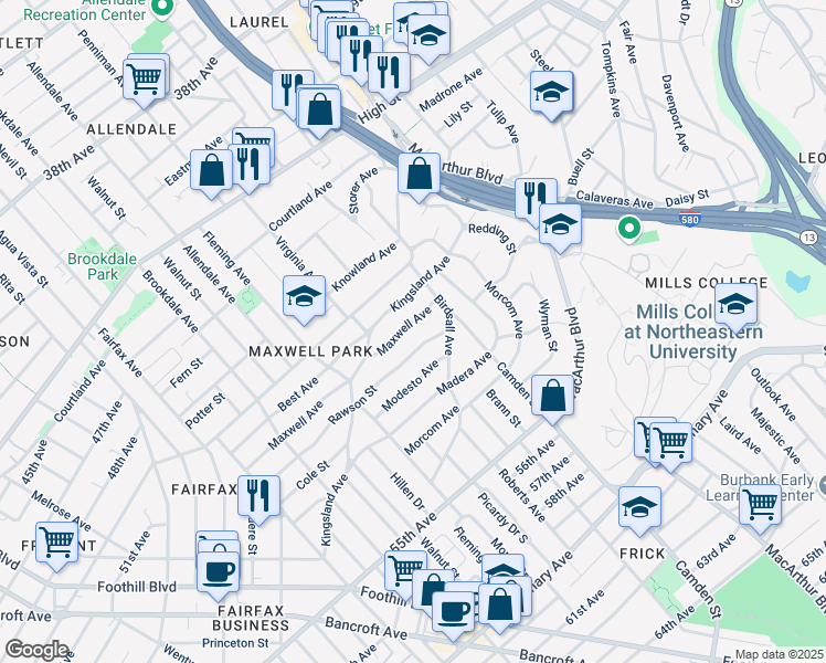 map of restaurants, bars, coffee shops, grocery stores, and more near 3121 Rawson Street in Oakland