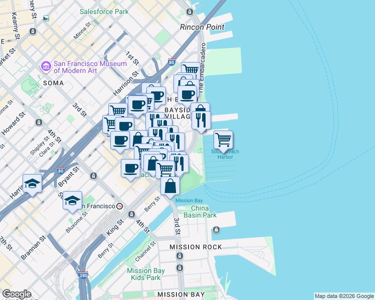 map of restaurants, bars, coffee shops, grocery stores, and more near 38 King Street in San Francisco