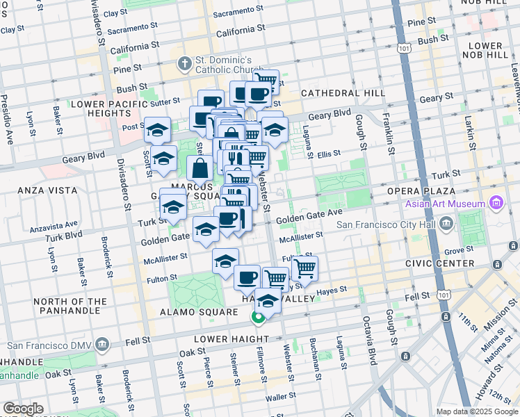 map of restaurants, bars, coffee shops, grocery stores, and more near 1301 Turk Street in San Francisco