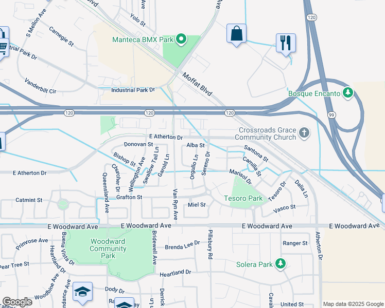 map of restaurants, bars, coffee shops, grocery stores, and more near 1455 Orgullo Lane in Manteca