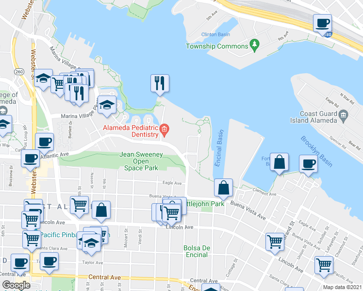 map of restaurants, bars, coffee shops, grocery stores, and more near 1145 Atlantic Avenue in Alameda