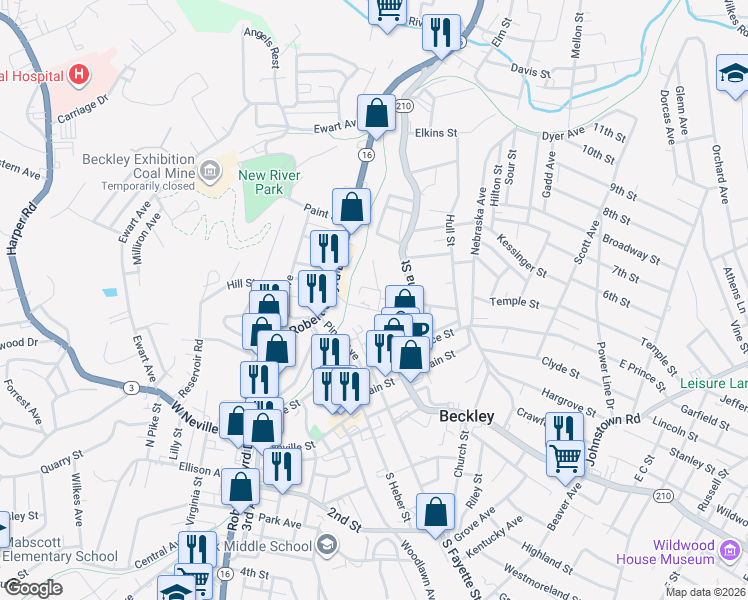 map of restaurants, bars, coffee shops, grocery stores, and more near 104 Wickham Avenue in Beckley