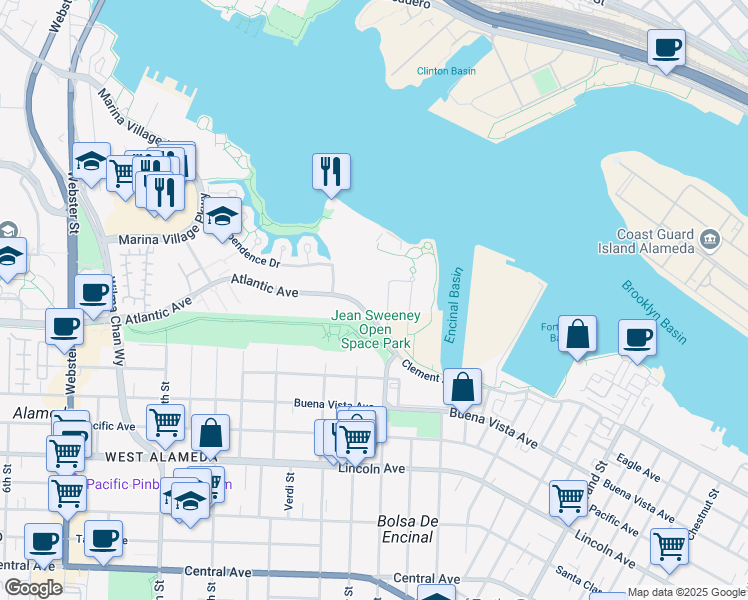 map of restaurants, bars, coffee shops, grocery stores, and more near 1145 Atlantic Avenue in Alameda