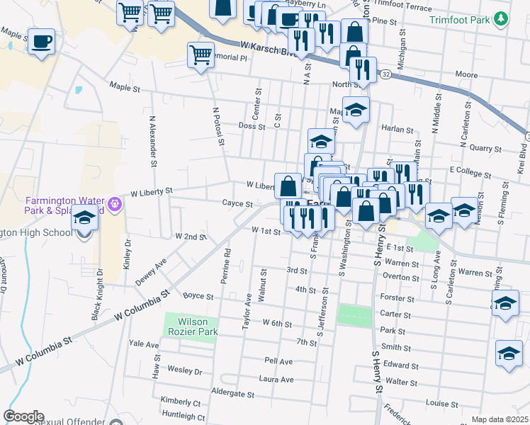 map of restaurants, bars, coffee shops, grocery stores, and more near 324 West Columbia Street in Farmington