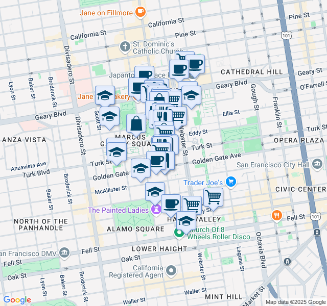 map of restaurants, bars, coffee shops, grocery stores, and more near Turk St & Fillmore St in San Francisco