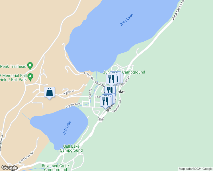 map of restaurants, bars, coffee shops, grocery stores, and more near in June Lake