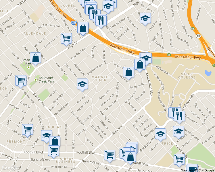 map of restaurants, bars, coffee shops, grocery stores, and more near 3121 Rawson Street in Oakland