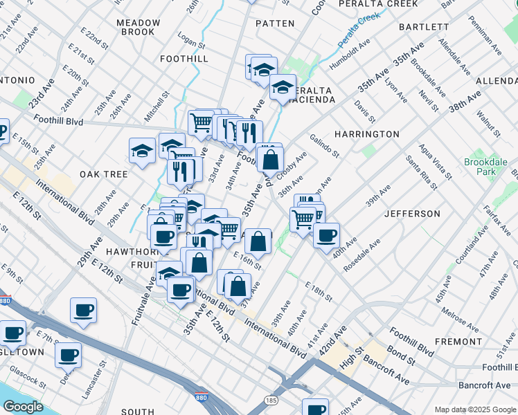 map of restaurants, bars, coffee shops, grocery stores, and more near 1612 35th Avenue in Oakland