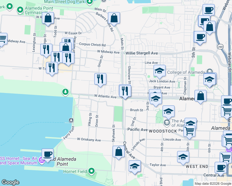 map of restaurants, bars, coffee shops, grocery stores, and more near 173 West Seaplane Lagoon Avenue in Alameda