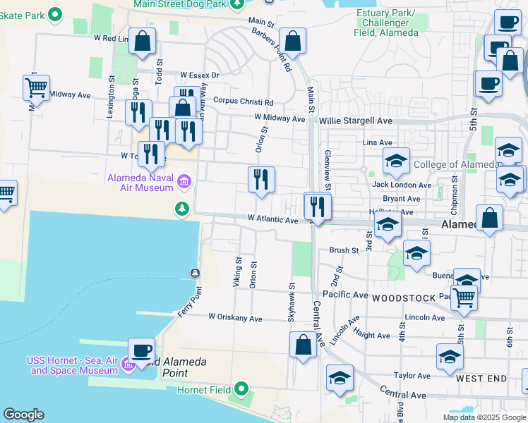 map of restaurants, bars, coffee shops, grocery stores, and more near in Alameda