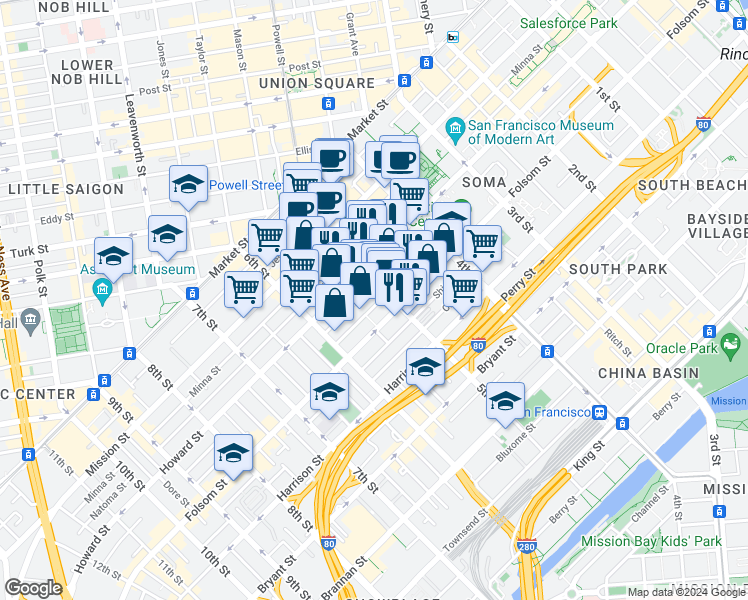 map of restaurants, bars, coffee shops, grocery stores, and more near 241 5th Street in San Francisco