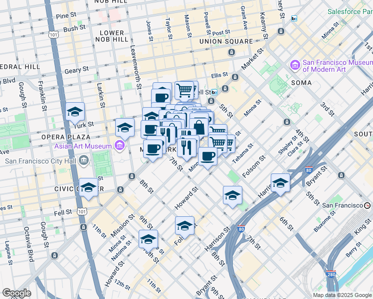 map of restaurants, bars, coffee shops, grocery stores, and more near 1018 V in San Francisco