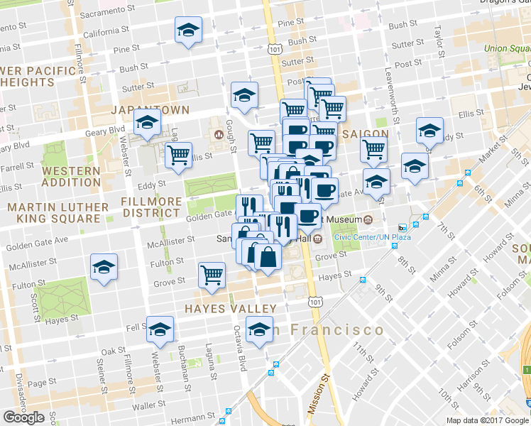 map of restaurants, bars, coffee shops, grocery stores, and more near 701 Golden Gate Avenue in San Francisco