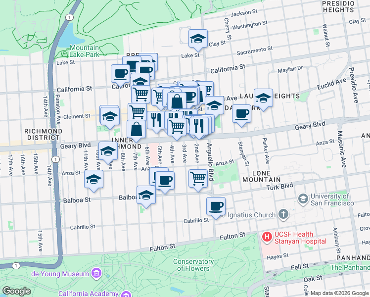 map of restaurants, bars, coffee shops, grocery stores, and more near 415 3rd Avenue in San Francisco