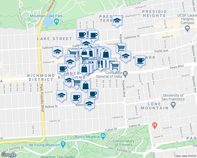 map of restaurants, bars, coffee shops, grocery stores, and more near in San Francisco