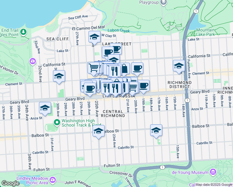 map of restaurants, bars, coffee shops, grocery stores, and more near 5860 Geary Boulevard in San Francisco