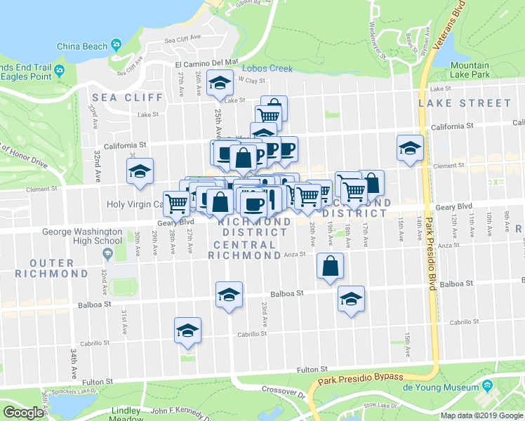 map of restaurants, bars, coffee shops, grocery stores, and more near 5860 Geary Boulevard in San Francisco