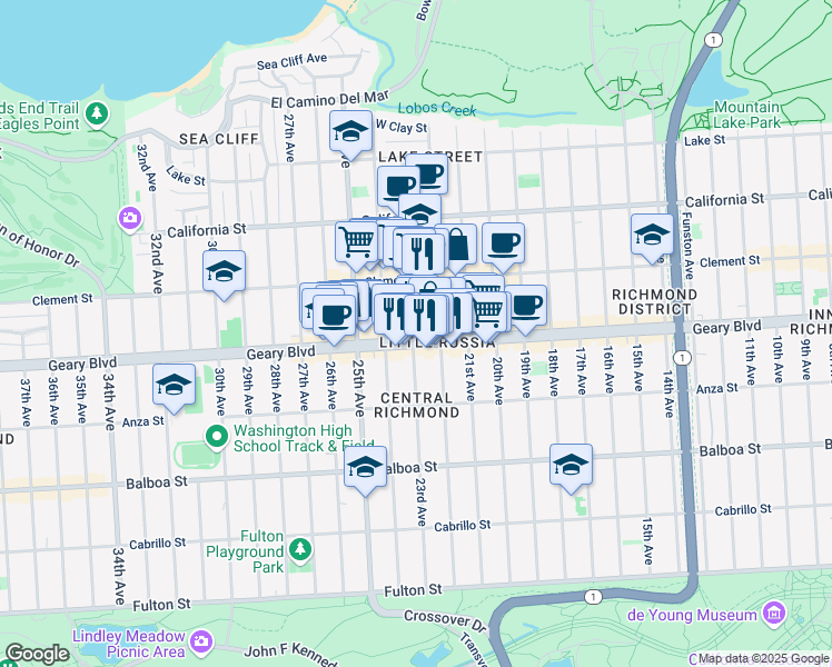 map of restaurants, bars, coffee shops, grocery stores, and more near 5860 Geary Boulevard in San Francisco