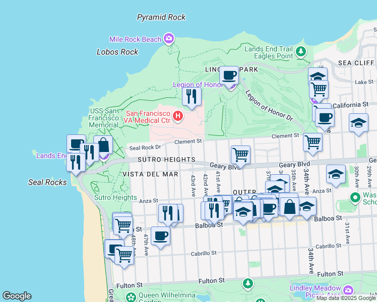 map of restaurants, bars, coffee shops, grocery stores, and more near 424 44th Avenue in San Francisco